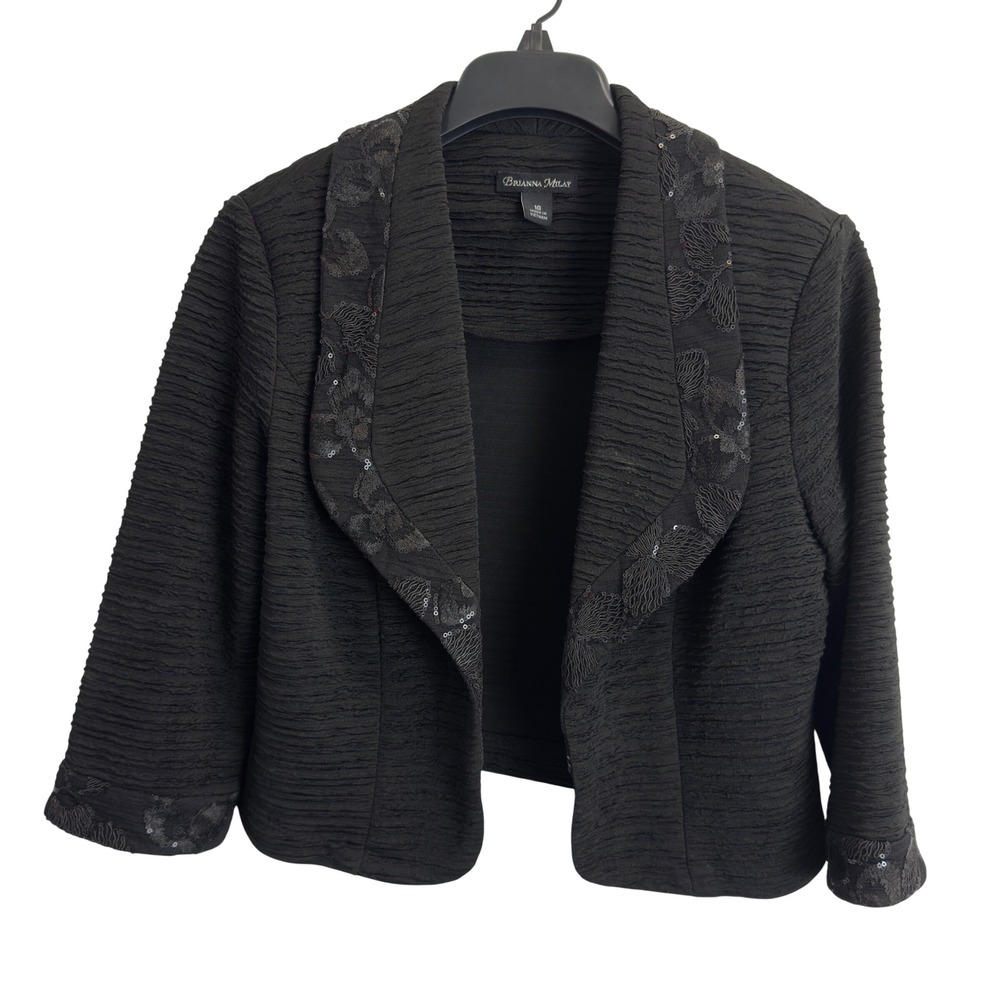 Brianna Milay Womens 10 Black Sequin Floral Embroidered Ripple Textured Jacket